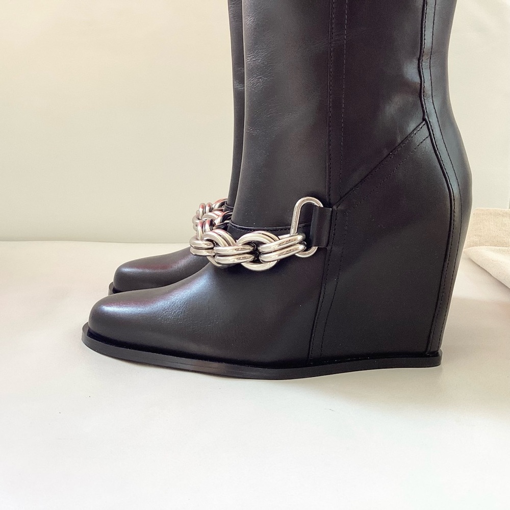 Zara Long Black Leather Wedge Silver Metal Chain Boots SZ 6 - Picture 11 of 14